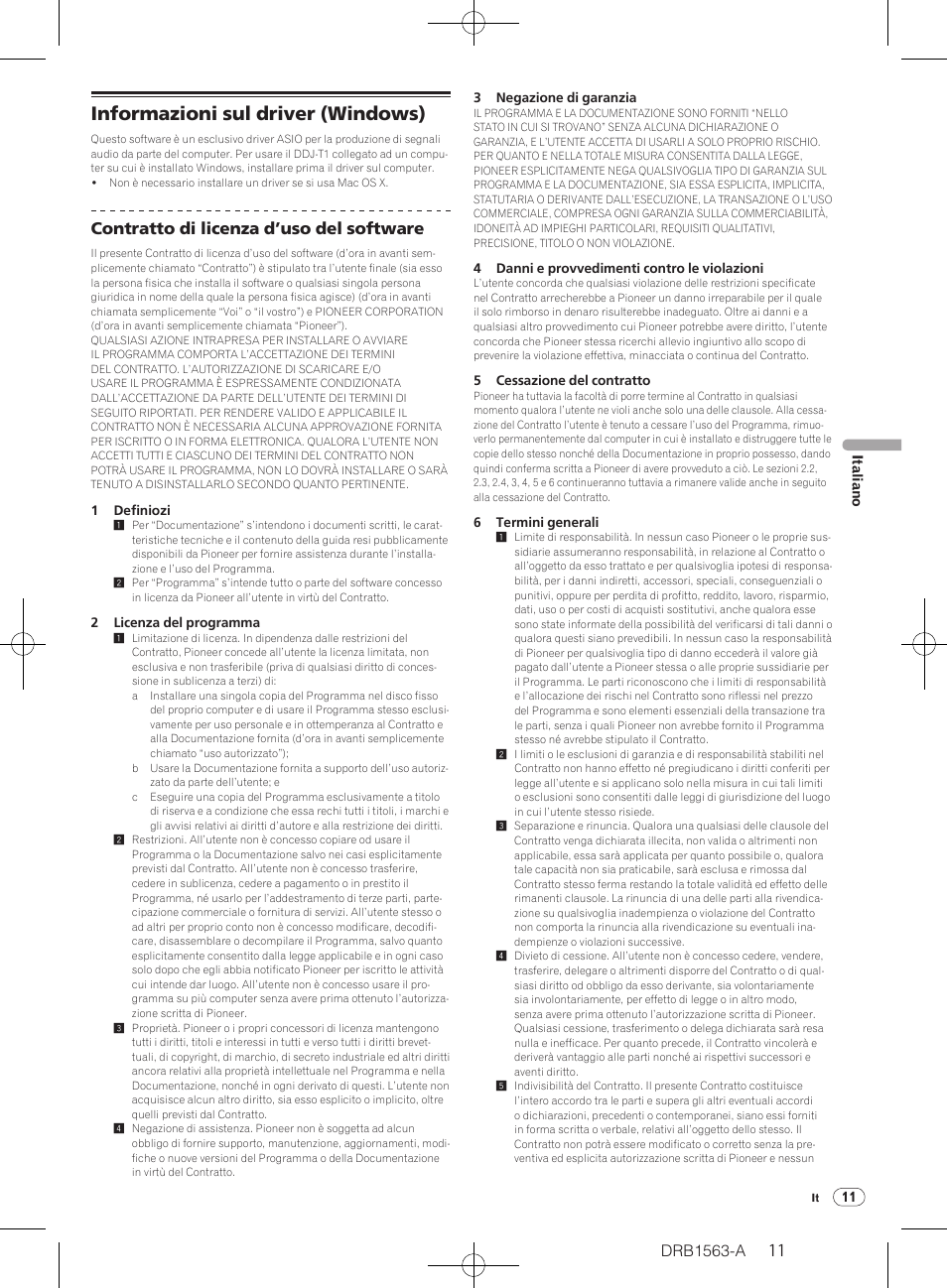 Informazioni sul driver (windows), Drb1563-a, Contratto di licenza d’uso del software | Pioneer DDJ-T1 User Manual | Page 11 / 128