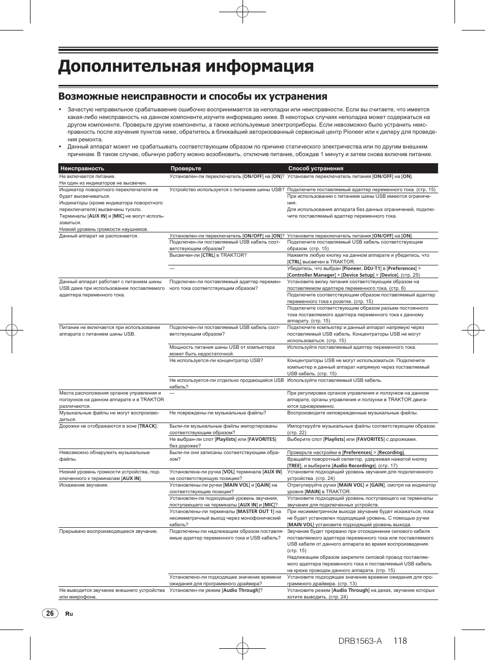 Дополнительная информация, Возможные неисправности и способы их устранения, Drb1563-a | Pioneer DDJ-T1 User Manual | Page 118 / 128