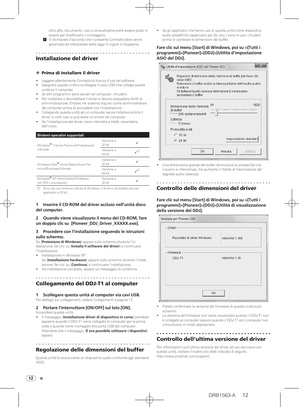 Drb1563-a, Installazione del driver, Collegamento del ddj-t1 al computer | Regolazione delle dimensioni del buffer, Controllo delle dimensioni del driver, Controllo dell’ultima versione del driver | Pioneer DDJ-T1 User Manual | Page 12 / 128