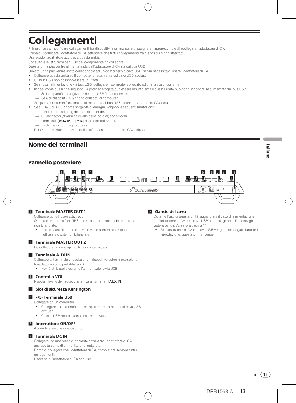 Collegamenti, Nome del terminali, Drb1563-a | Pannello posteriore, 13 italiano | Pioneer DDJ-T1 User Manual | Page 13 / 128