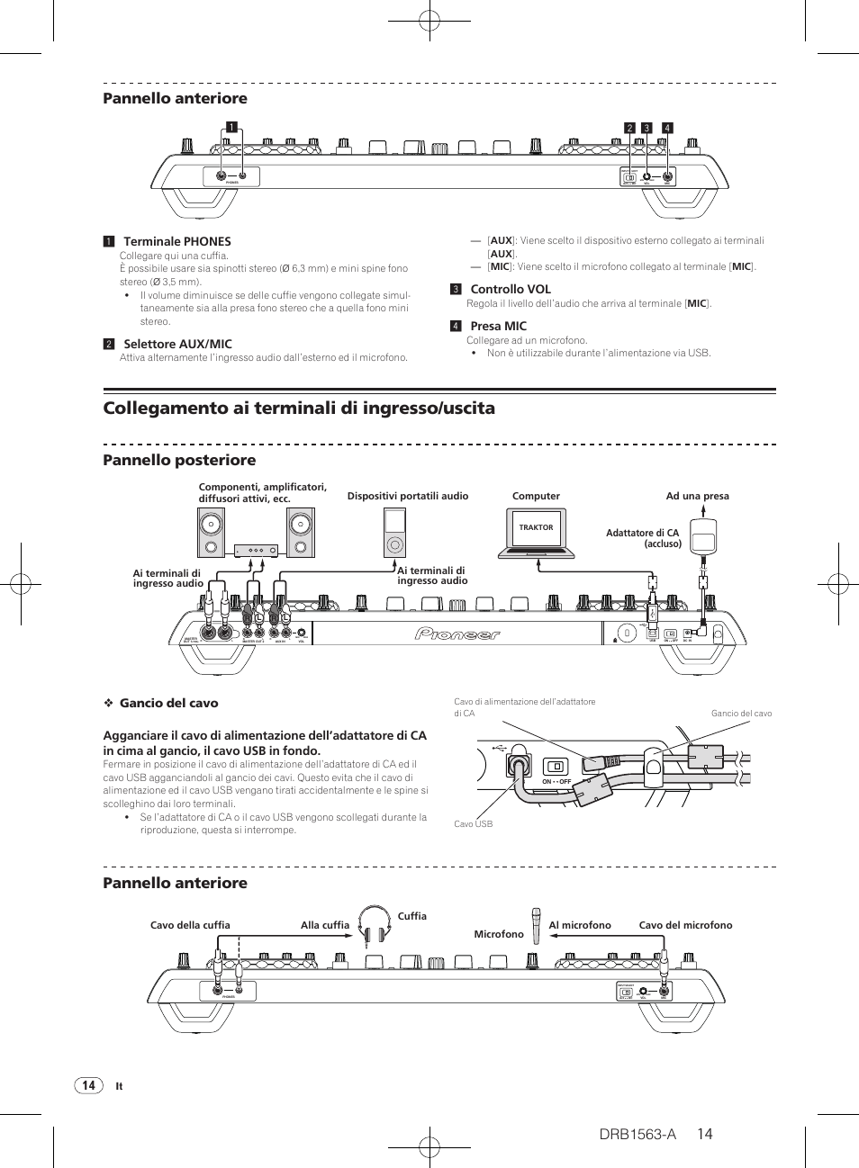 Collegamento ai terminali di ingresso/ uscita, Drb1563-a, 14 pannello anteriore | Pannello posteriore, Pannello anteriore, 2selettore aux/ mic, 3controllo vol, 4presa mic | Pioneer DDJ-T1 User Manual | Page 14 / 128