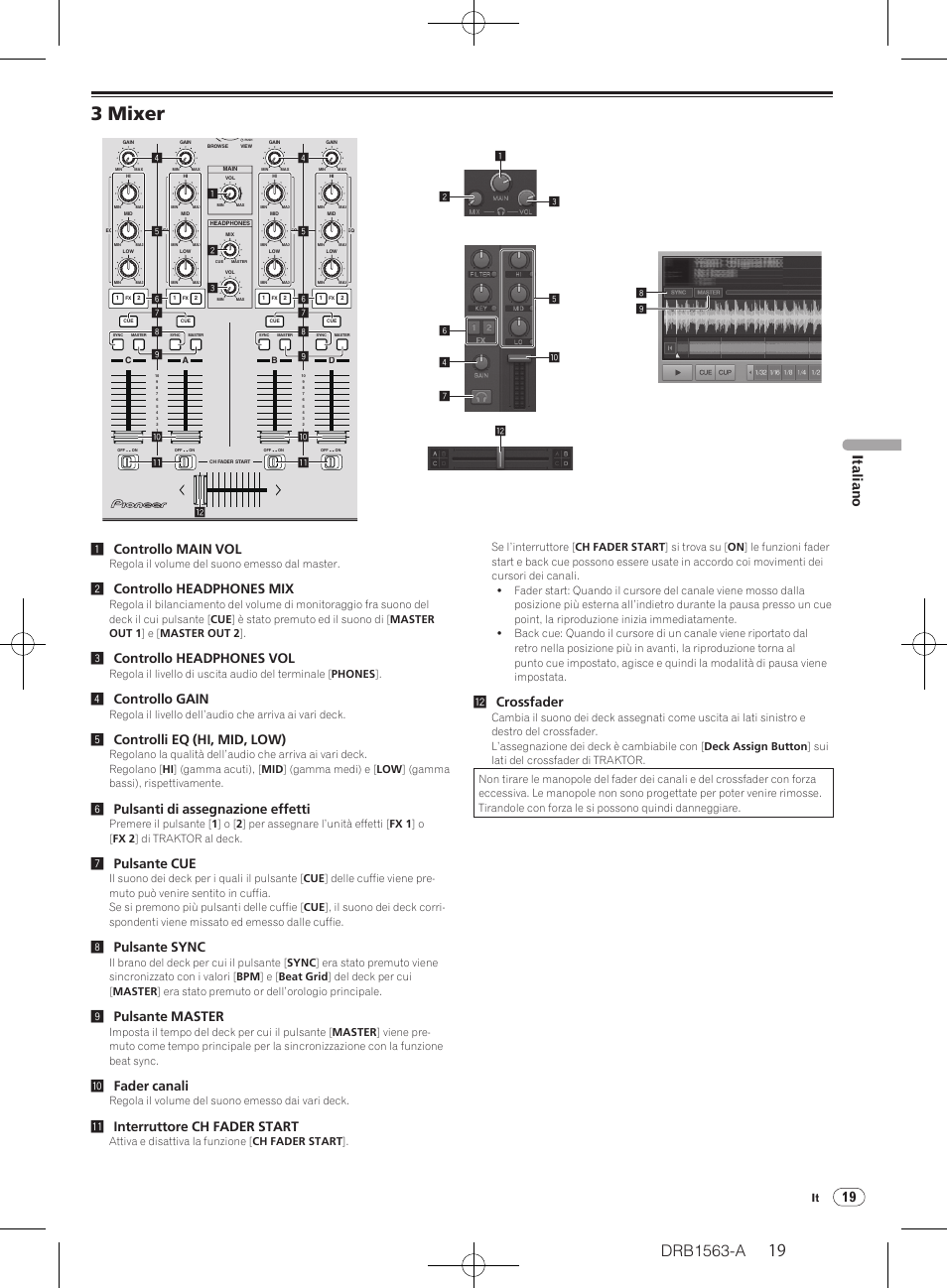 3 mixer, Drb1563-a, 19 italiano | 1controllo main vol, 2controllo headphones mix, 3controllo headphones vol, 4controllo gain, 5controlli eq (hi, mid, low), 6pulsanti di assegnazione effetti, 7pulsante cue | Pioneer DDJ-T1 User Manual | Page 19 / 128