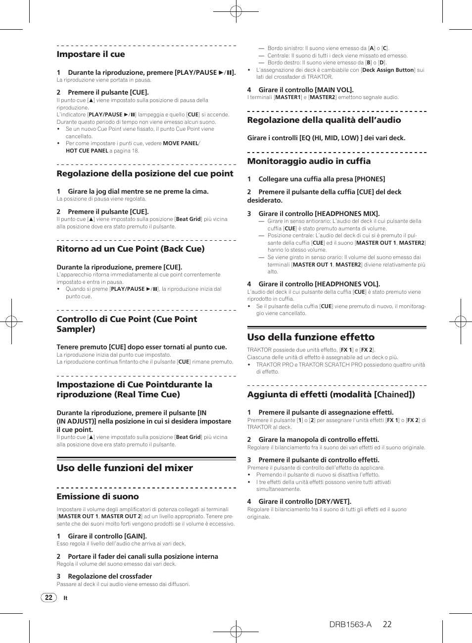 Uso delle funzioni del mixer, Uso della funzione effetto | Pioneer DDJ-T1 User Manual | Page 22 / 128