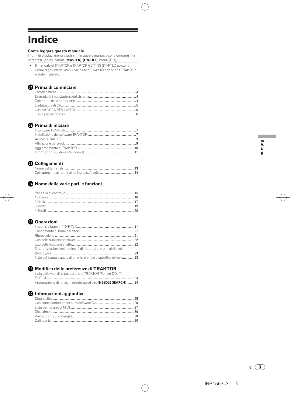 Istruzioni per l’uso, Dj controller, Indice | Pioneer DDJ-T1 User Manual | Page 3 / 128