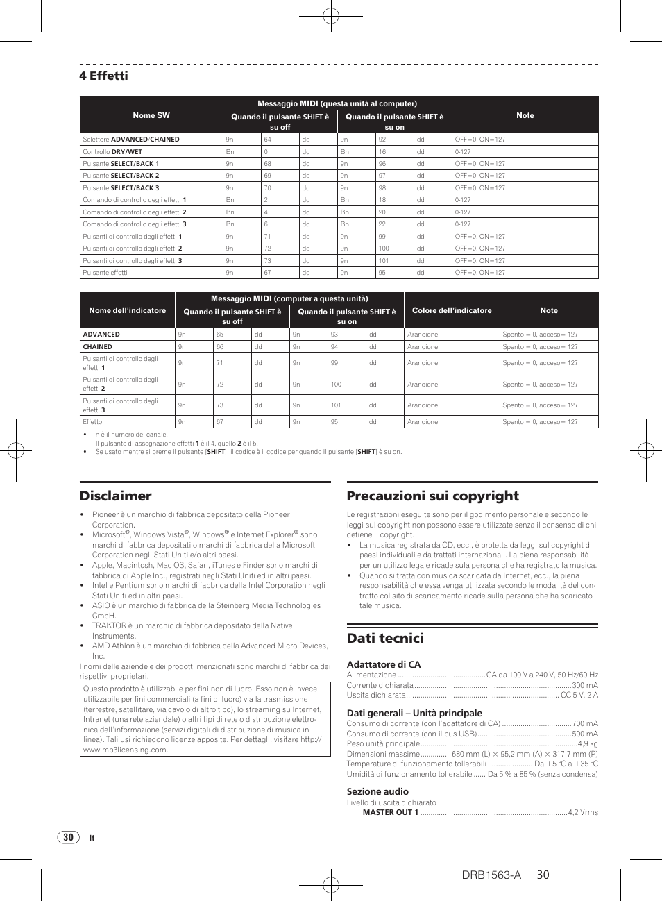 Disclaimer precauzioni sui copyright dati tecnici, Disclaimer, Precauzioni sui copyright | Dati tecnici, Drb1563-a, 30 4 effetti | Pioneer DDJ-T1 User Manual | Page 30 / 128