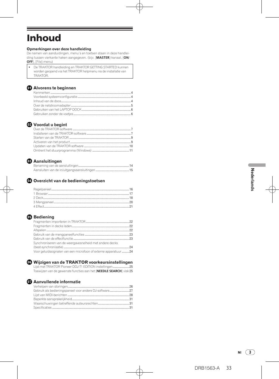 Handleiding, Dj controller, Inhoud | Pioneer DDJ-T1 User Manual | Page 33 / 128