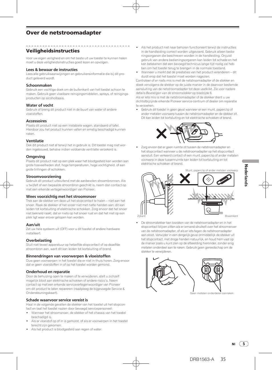 Over de netstroomadapter, Drb1563-a, Veiligheidsinstructies | Pioneer DDJ-T1 User Manual | Page 35 / 128