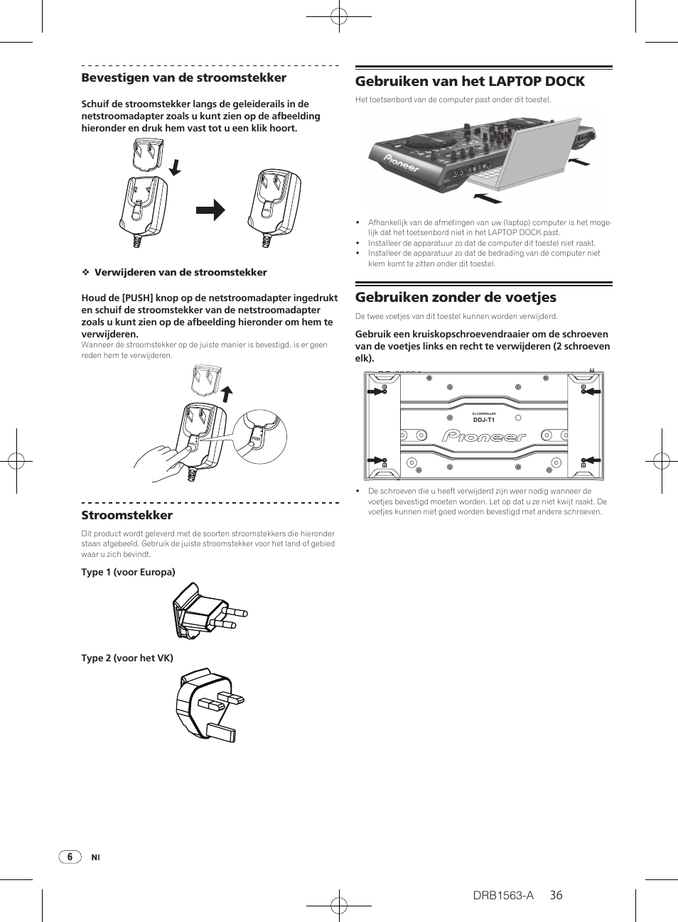 Gebruiken van het laptop dock, Gebruiken zonder de voetjes, Drb1563-a | 36 bevestigen van de stroomstekker, Stroomstekker | Pioneer DDJ-T1 User Manual | Page 36 / 128