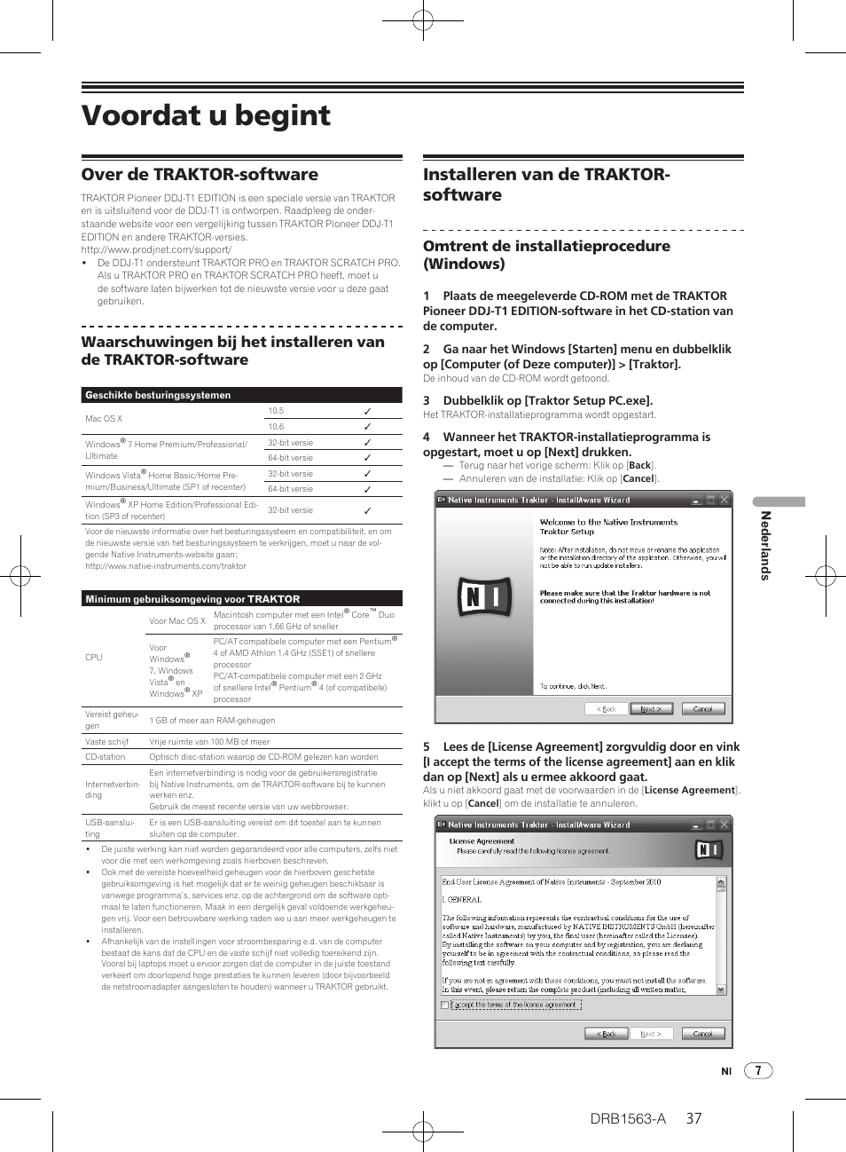 Voordat u begint, Over de traktor-software, Installeren van de traktor- software | Drb1563-a, Omtrent de installatieprocedure (windows), 7nederlands | Pioneer DDJ-T1 User Manual | Page 37 / 128