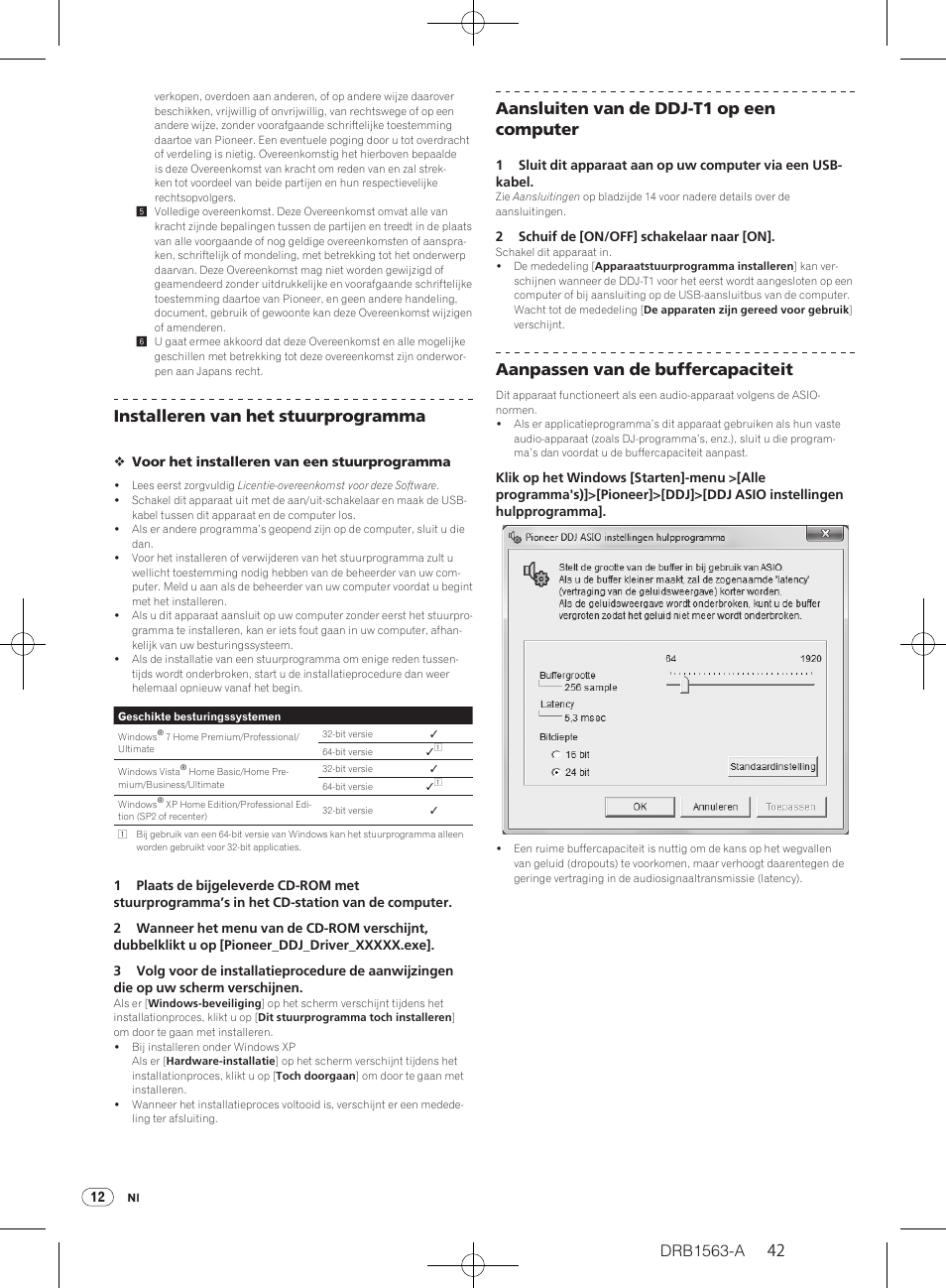 Drb1563-a, Installeren van het stuurprogramma, Aansluiten van de ddj-t1 op een computer | Aanpassen van de buffercapaciteit | Pioneer DDJ-T1 User Manual | Page 42 / 128