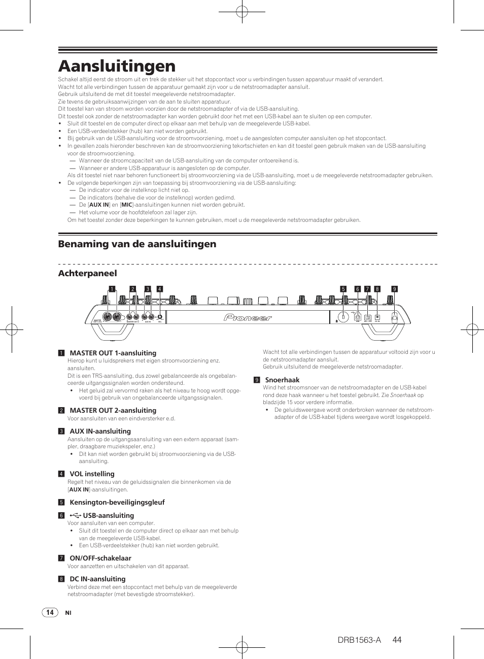 Aansluitingen, Benaming van de aansluitingen, Drb1563-a | Achterpaneel | Pioneer DDJ-T1 User Manual | Page 44 / 128