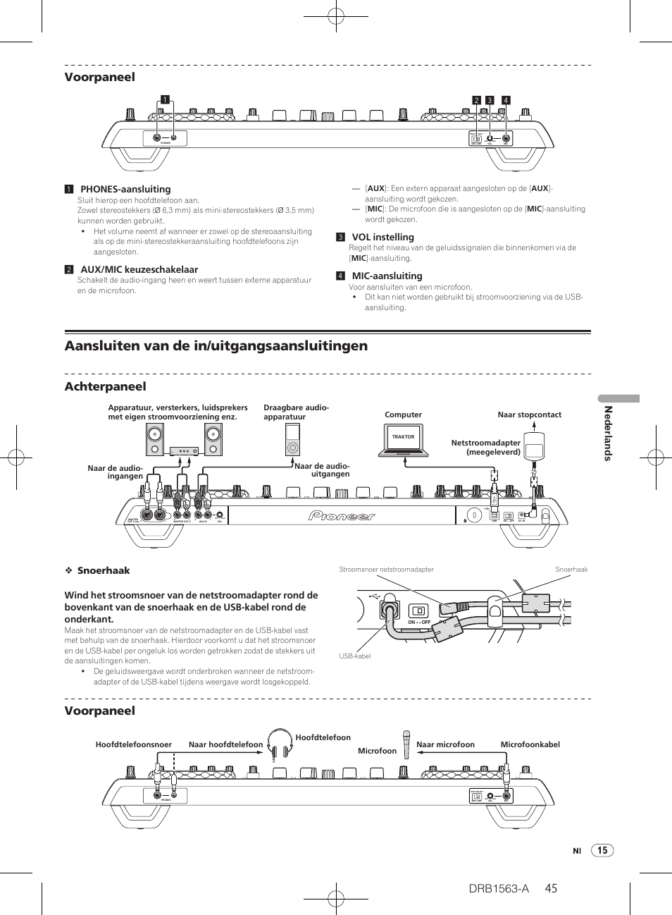 Aansluiten van de in/ uitgangsaansluitingen, Drb1563-a, 44 45 voorpaneel | Achterpaneel, Voorpaneel, 15 nederlands, 2aux/ mic keuzeschakelaar, 3vol instelling, 4mic-aansluiting | Pioneer DDJ-T1 User Manual | Page 45 / 128