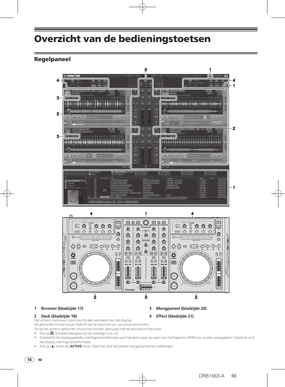 Overzicht van de bedieningstoetsen, Regelpaneel, Drb1563-a | Push | Pioneer DDJ-T1 User Manual | Page 46 / 128