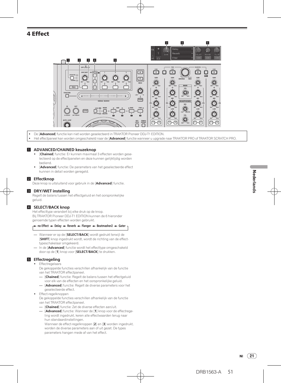 4 effect, Drb1563-a, 21 nederlands | 1advanced/ chained keuzeknop, 2effectknop, 3dry/wet instelling, 4select/back knop, 5effectregeling | Pioneer DDJ-T1 User Manual | Page 51 / 128