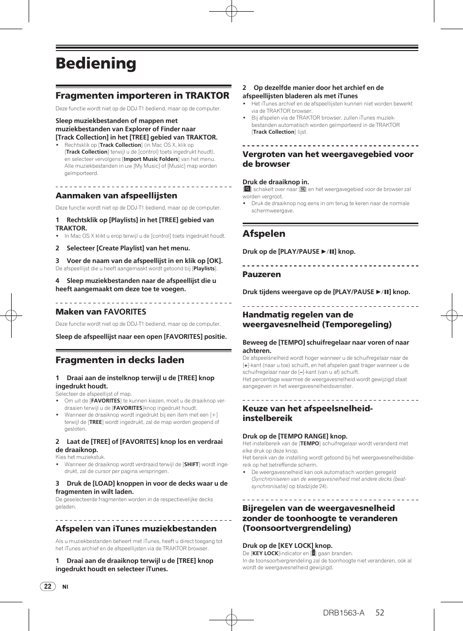 Bediening, Fragmenten importeren in traktor, Fragmenten in decks laden | Afspelen | Pioneer DDJ-T1 User Manual | Page 52 / 128