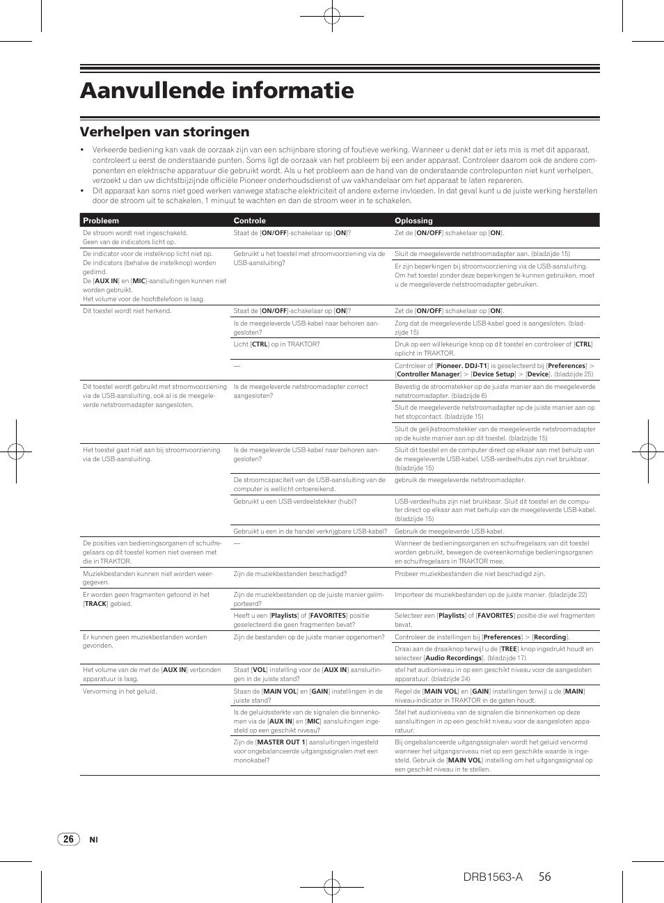 Aanvullende informatie, Verhelpen van storingen, Drb1563-a | Pioneer DDJ-T1 User Manual | Page 56 / 128