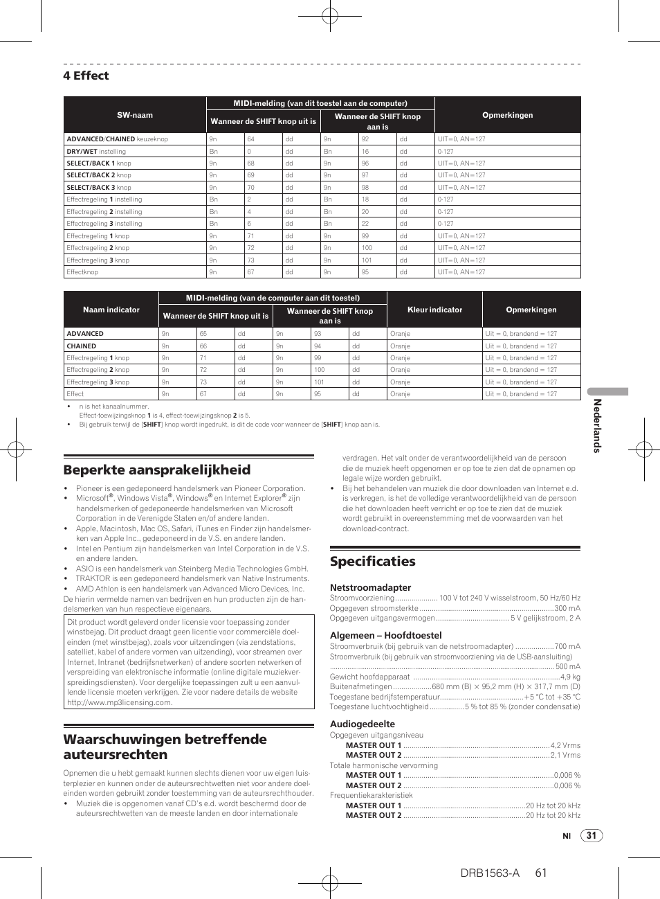 Beperkte aansprakelijkheid, Waarschuwingen betreffende auteursrechten, Specificaties | Drb1563-a, 31 nederlands | Pioneer DDJ-T1 User Manual | Page 61 / 128