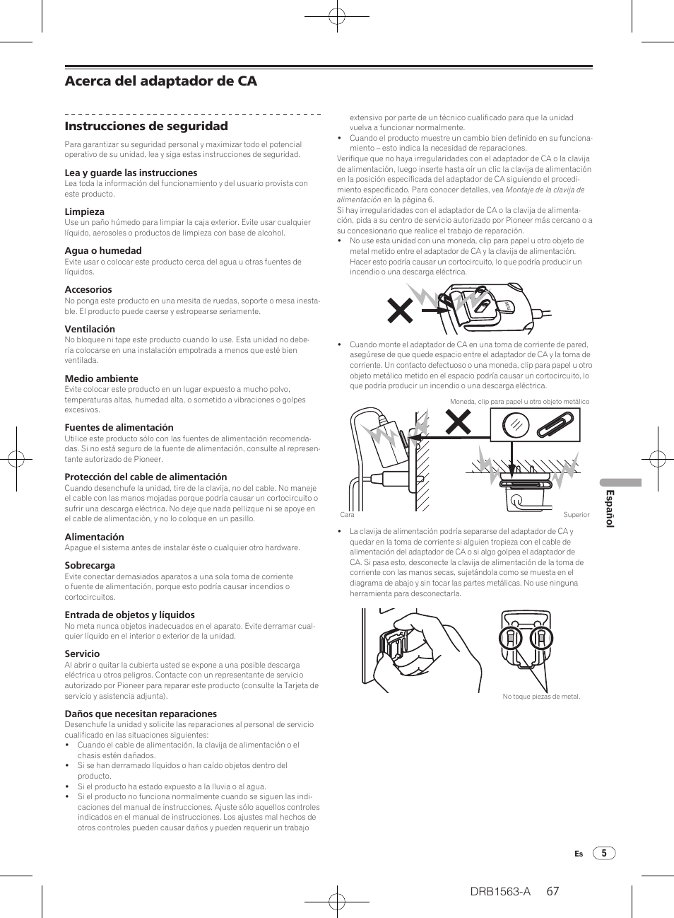 Acerca del adaptador de ca, Drb1563-a, Instrucciones de seguridad | Pioneer DDJ-T1 User Manual | Page 67 / 128