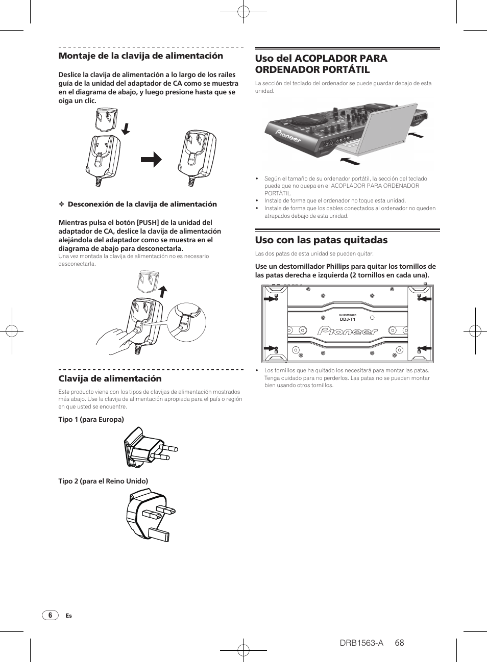 Uso del acoplador para ordenador portátil, Uso con las patas quitadas, Drb1563-a | 68 montaje de la clavija de alimentación, Clavija de alimentación | Pioneer DDJ-T1 User Manual | Page 68 / 128