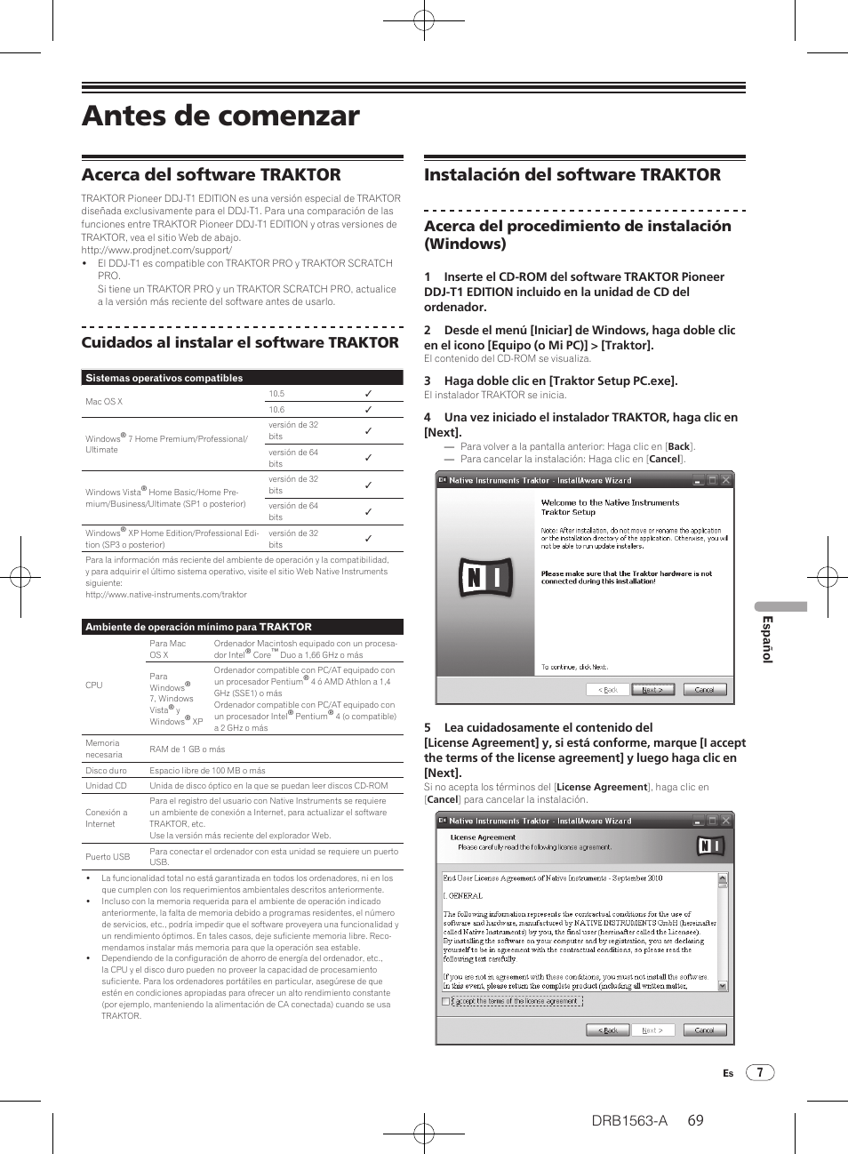 Antes de comenzar, Acerca del software traktor, Instalación del software traktor | Drb1563-a, Cuidados al instalar el software traktor, Acerca del procedimiento de instalación (windows), 7español | Pioneer DDJ-T1 User Manual | Page 69 / 128