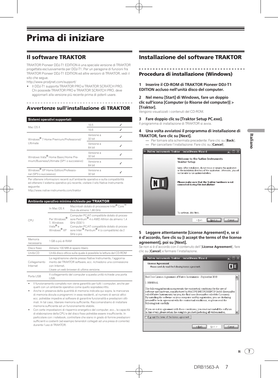 Prima di iniziare, Il software traktor, Installazione del software traktor | Drb1563-a, Avvertenze sull’installazione di traktor, Procedura di installazione (windows), 7italiano | Pioneer DDJ-T1 User Manual | Page 7 / 128