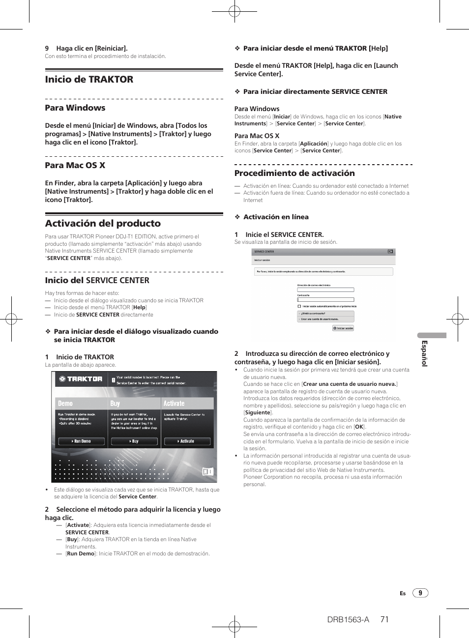 Inicio de traktor activación del producto, Inicio de traktor, Activación del producto | Drb1563-a, Para windows, Para mac os x, Inicio del service center, Procedimiento de activación | Pioneer DDJ-T1 User Manual | Page 71 / 128