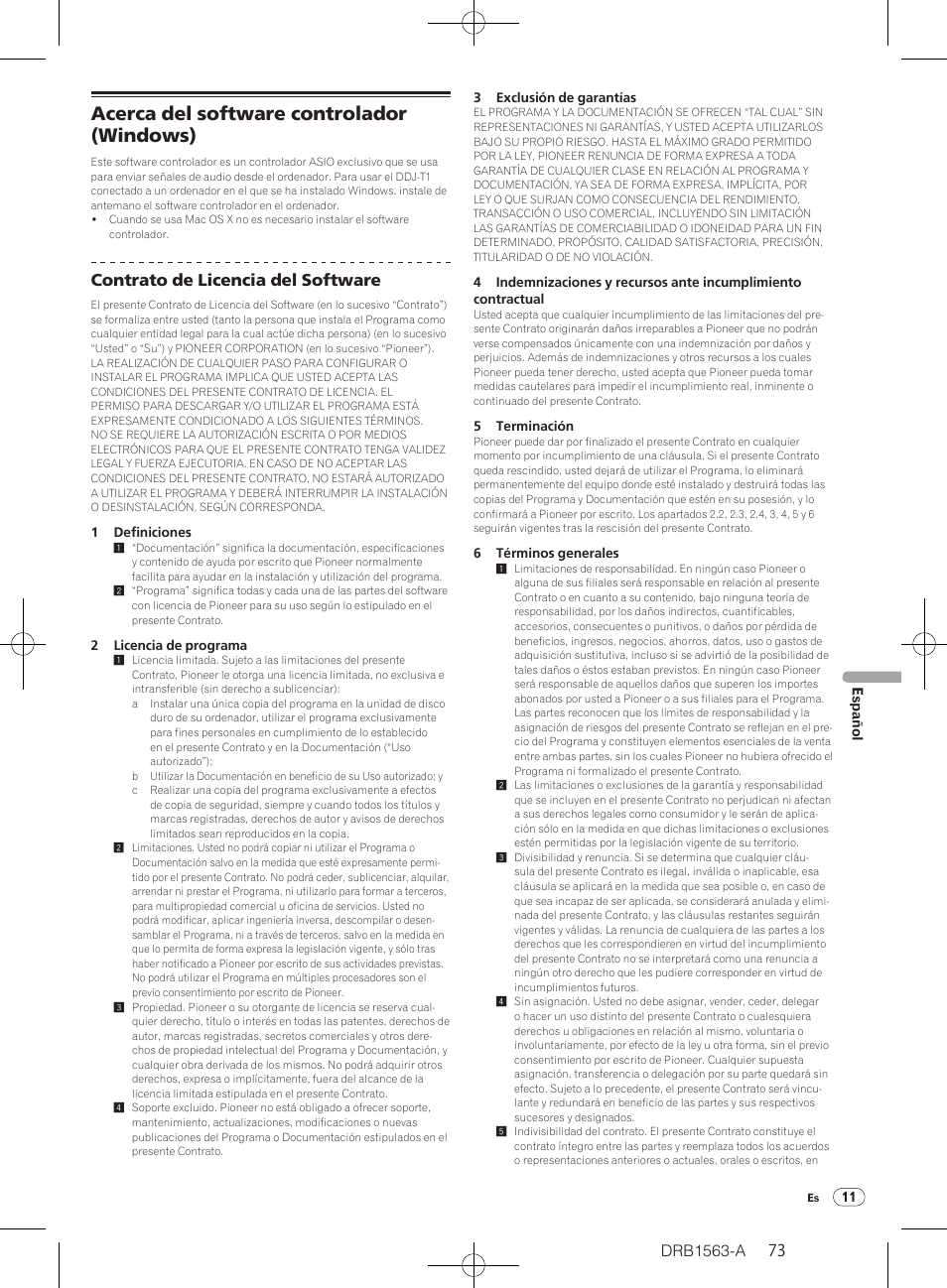 Acerca del software controlador (windows), Drb1563-a, Contrato de licencia del software | Pioneer DDJ-T1 User Manual | Page 73 / 128