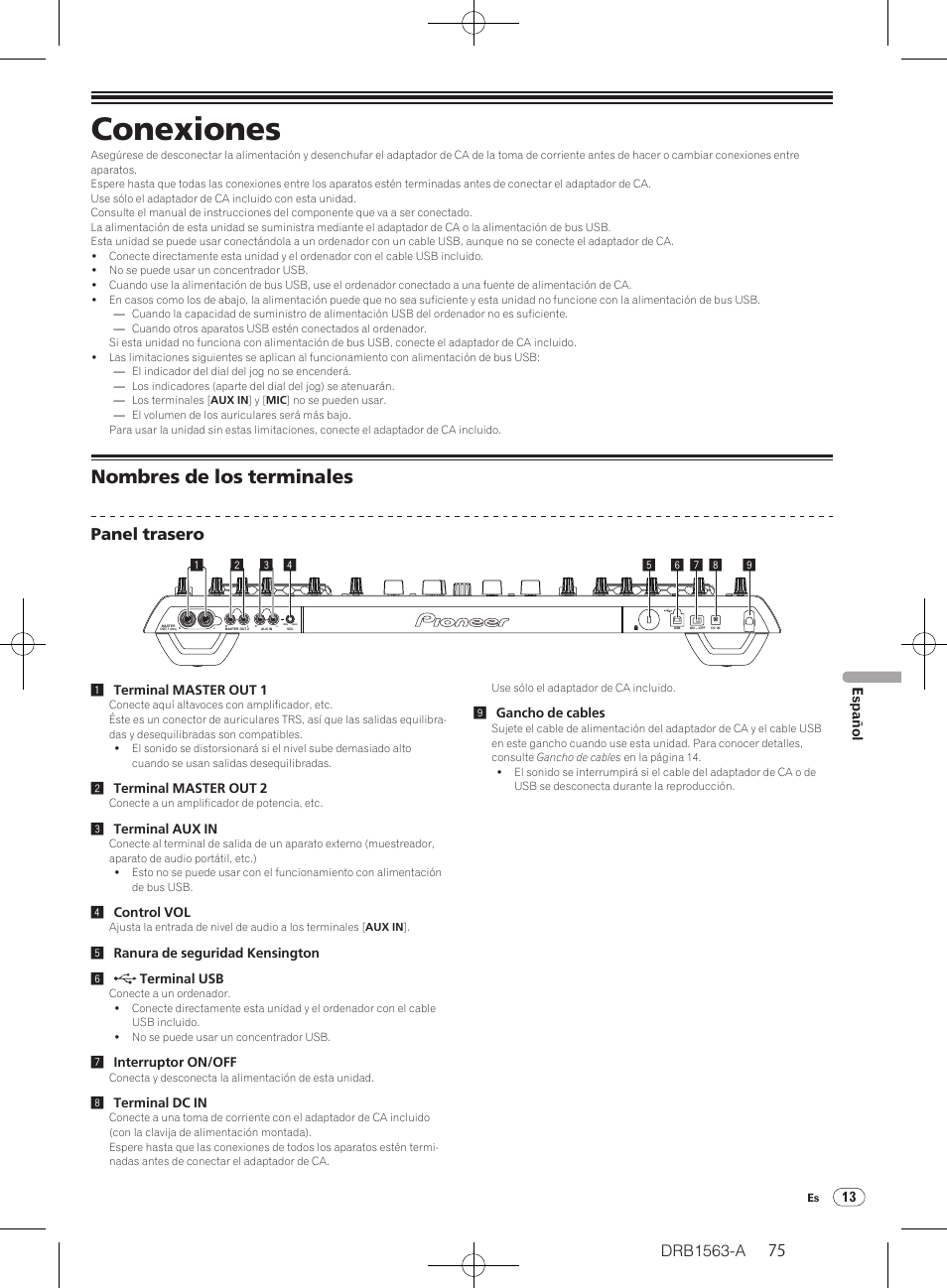 Conexiones, Nombres de los terminales, Drb1563-a | Panel trasero, 13 español | Pioneer DDJ-T1 User Manual | Page 75 / 128