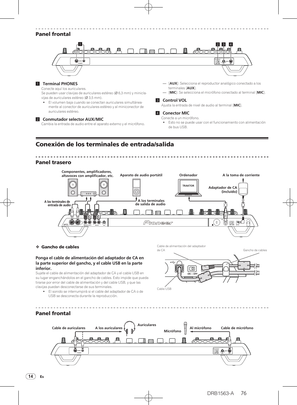 Conexión de los terminales de entrada/ salida, Drb1563-a, 76 panel frontal | Panel trasero, Panel frontal, 2conmutador selector aux/ mic, 3control vol, 4conector mic | Pioneer DDJ-T1 User Manual | Page 76 / 128
