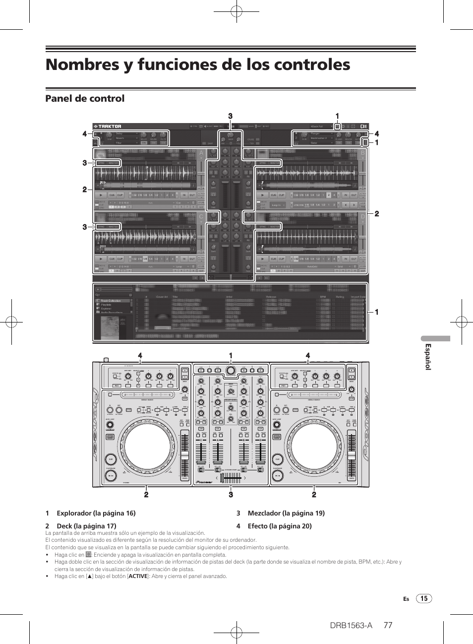 Nombres y funciones de los controles, Panel de control, Drb1563-a | 15 español, Push | Pioneer DDJ-T1 User Manual | Page 77 / 128
