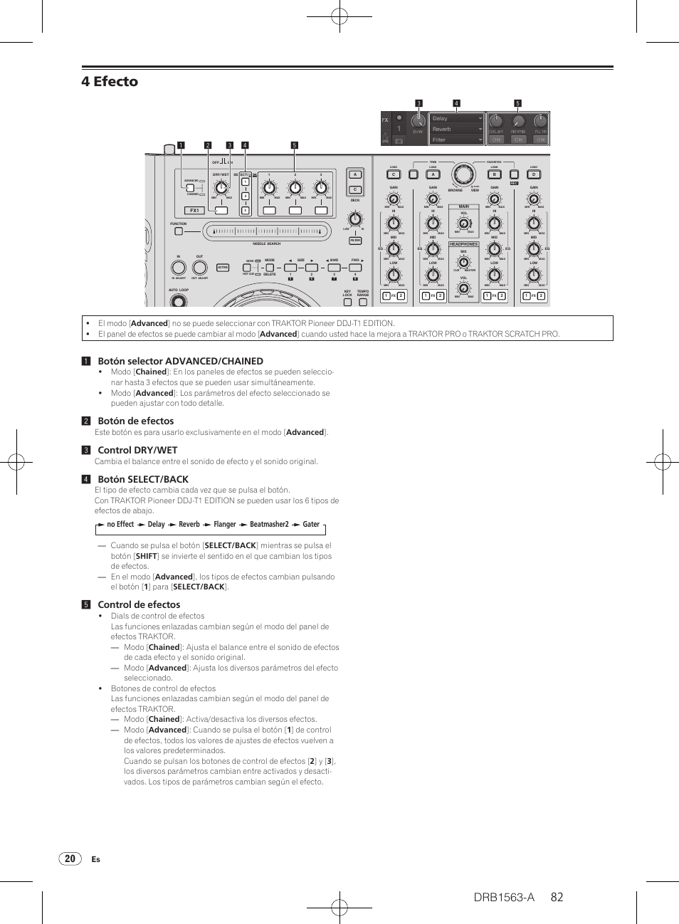 4 efecto, Drb1563-a, 1botón selector advanced/ chained | 2botón de efectos, 3control dry/wet, 4botón select/back, 5control de efectos | Pioneer DDJ-T1 User Manual | Page 82 / 128