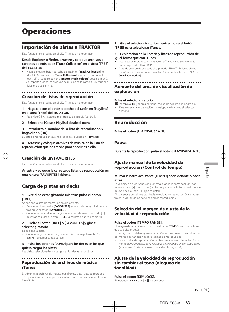 Operaciones, Importación de pistas a traktor, Carga de pistas en decks | Reproducción | Pioneer DDJ-T1 User Manual | Page 83 / 128
