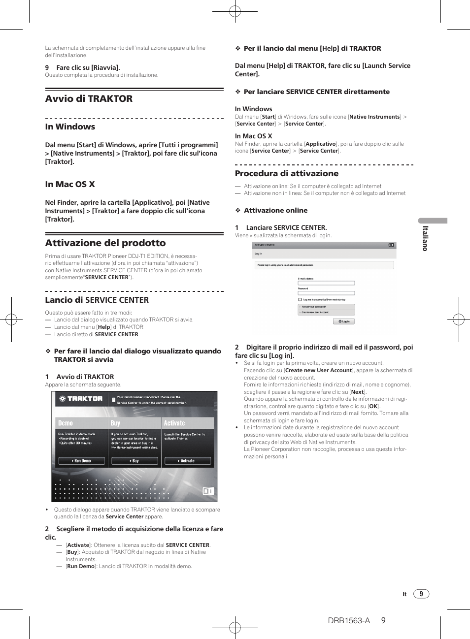 Avvio di traktor attivazione del prodotto, Avvio di traktor, Attivazione del prodotto | Drb1563-a, Lancio di service center, Procedura di attivazione | Pioneer DDJ-T1 User Manual | Page 9 / 128