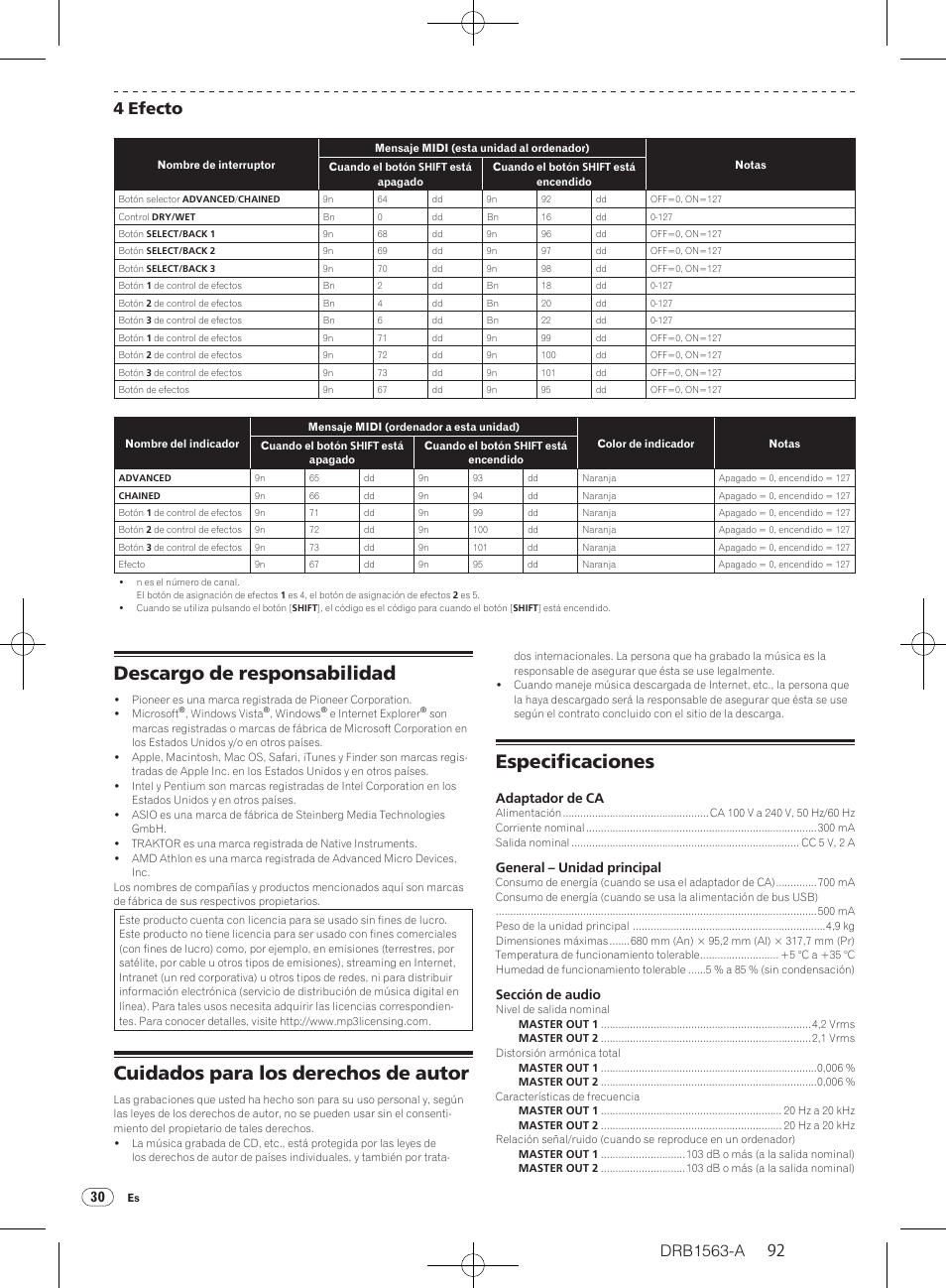 Descargo de responsabilidad, Cuidados para los derechos de autor, Especificaciones | Drb1563-a, 92 4 efecto | Pioneer DDJ-T1 User Manual | Page 92 / 128