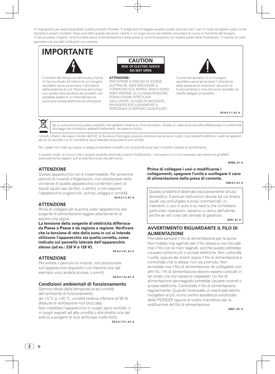 Importante, Caution, Attenzione | Condizioni ambientali di funzionamento, Avvertimento riguardante il filo di alimentazione | Pioneer DJM-850-W User Manual | Page 2 / 112