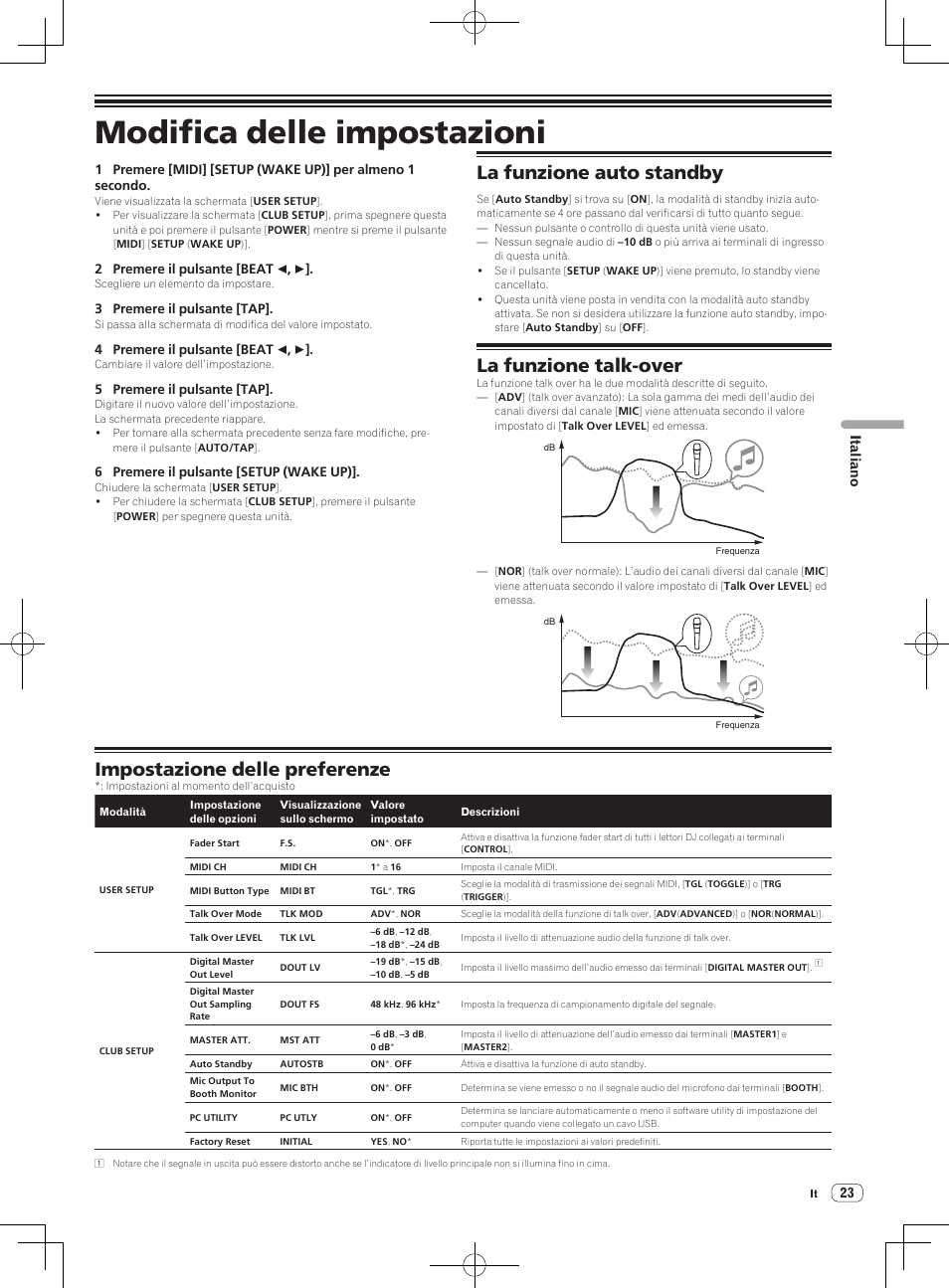 Modifica delle impostazioni, La funzione auto standby, La funzione talk-over | Impostazione delle preferenze, Italiano | Pioneer DJM-850-W User Manual | Page 23 / 112