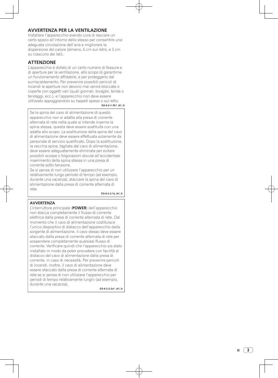 Avvertenza per la ventilazione, Attenzione | Pioneer DJM-850-W User Manual | Page 3 / 112