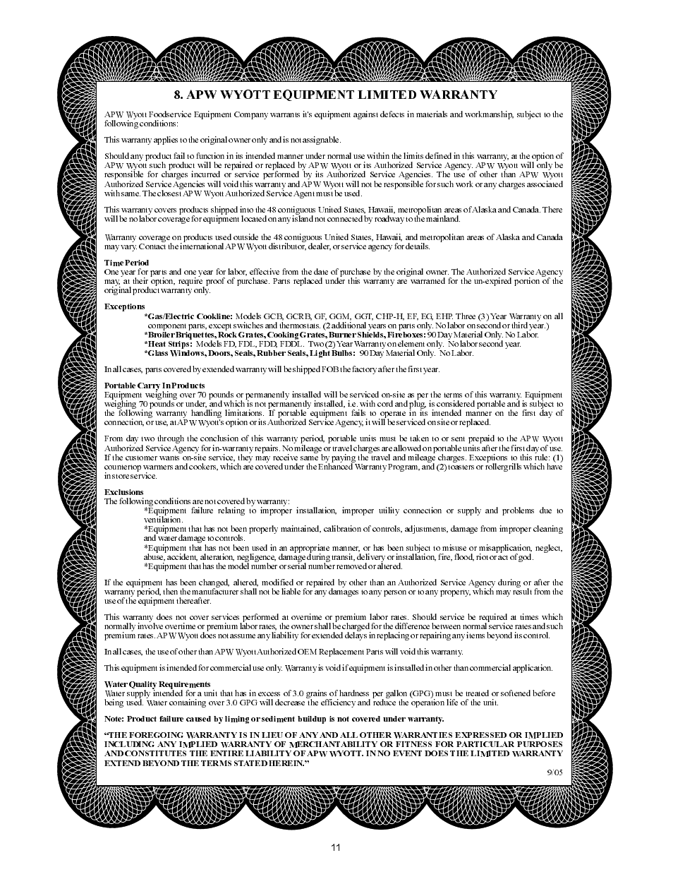 Apw wyott equipment limited warranty | APW Wyott Gas Hot Plate GHP-2H User Manual | Page 11 / 12