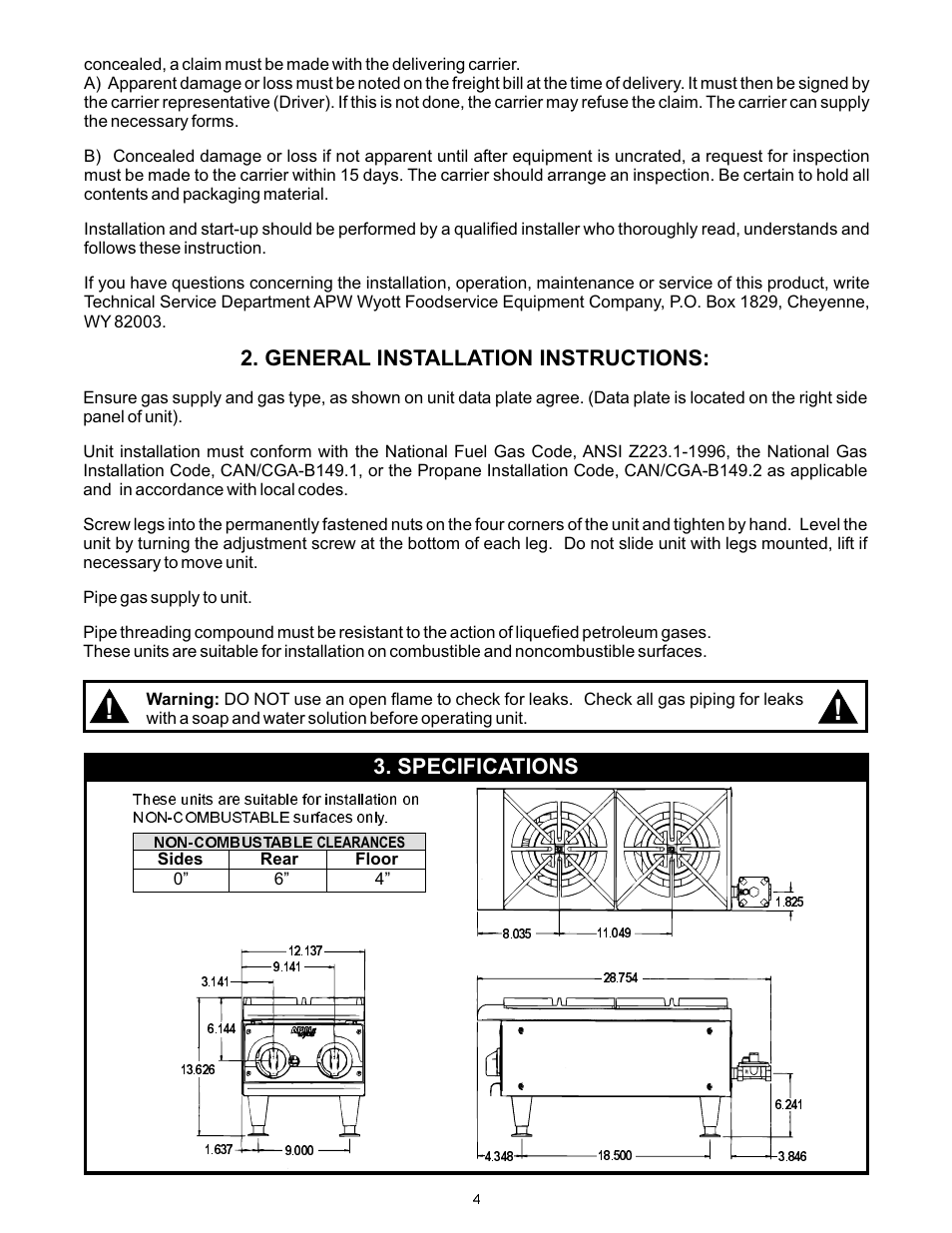 General installation instructions, Specifications | APW Wyott Gas Hot Plate GHP-2H User Manual | Page 4 / 12