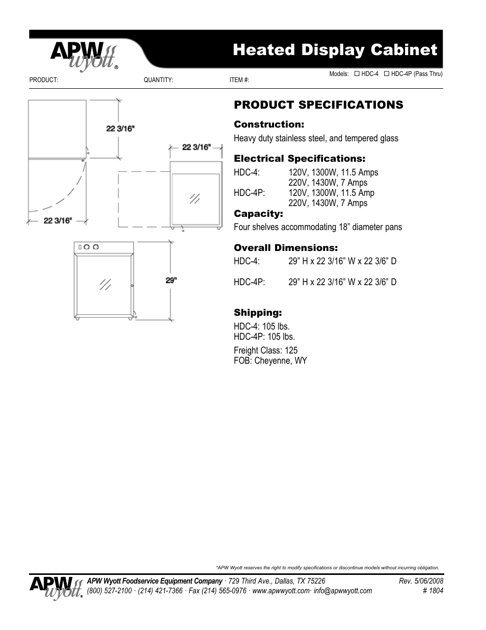 Heated display cabinet, Product specifications | APW Wyott HDC-4 User Manual | Page 2 / 2