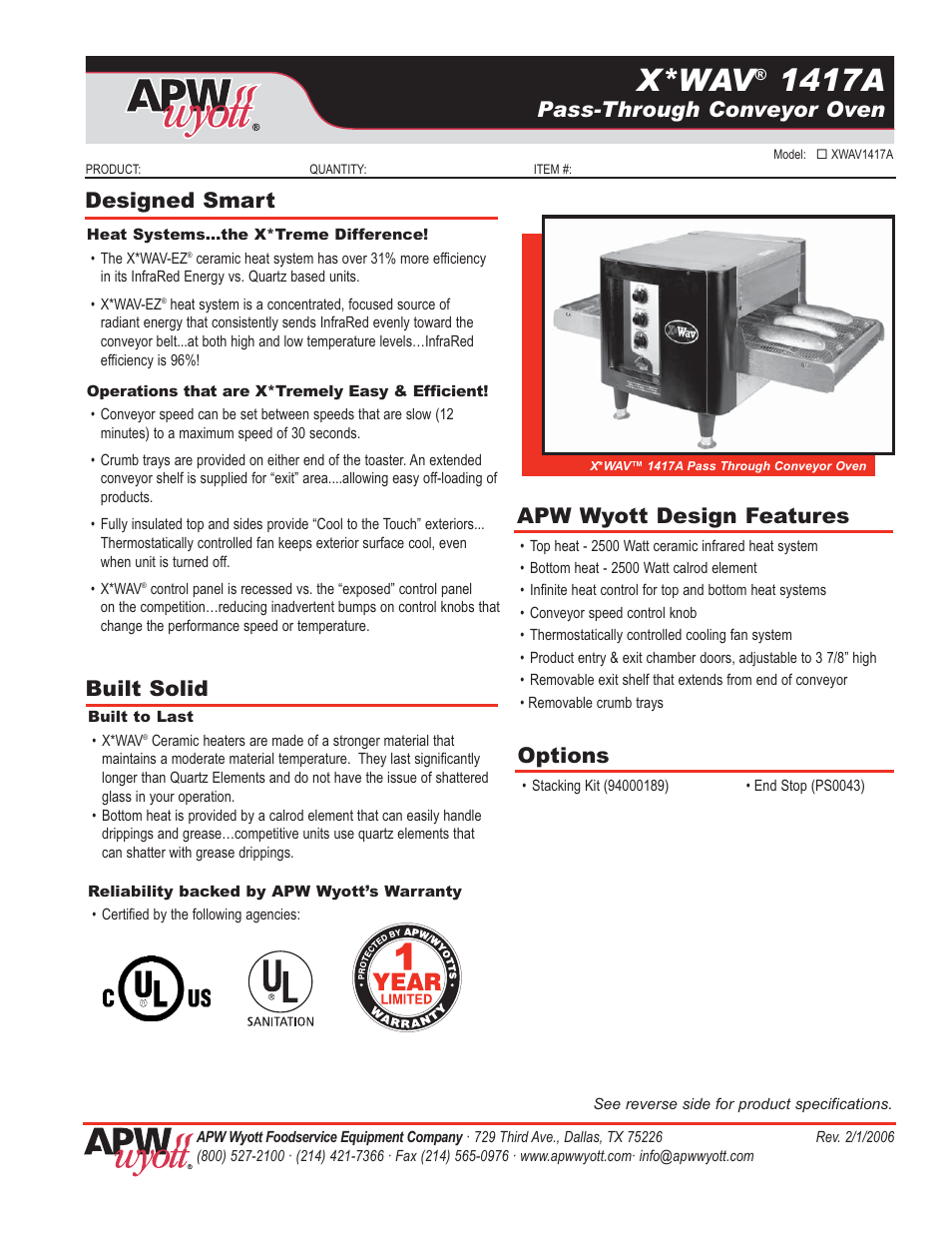APW Wyott X*WAV 1417A User Manual | 2 pages