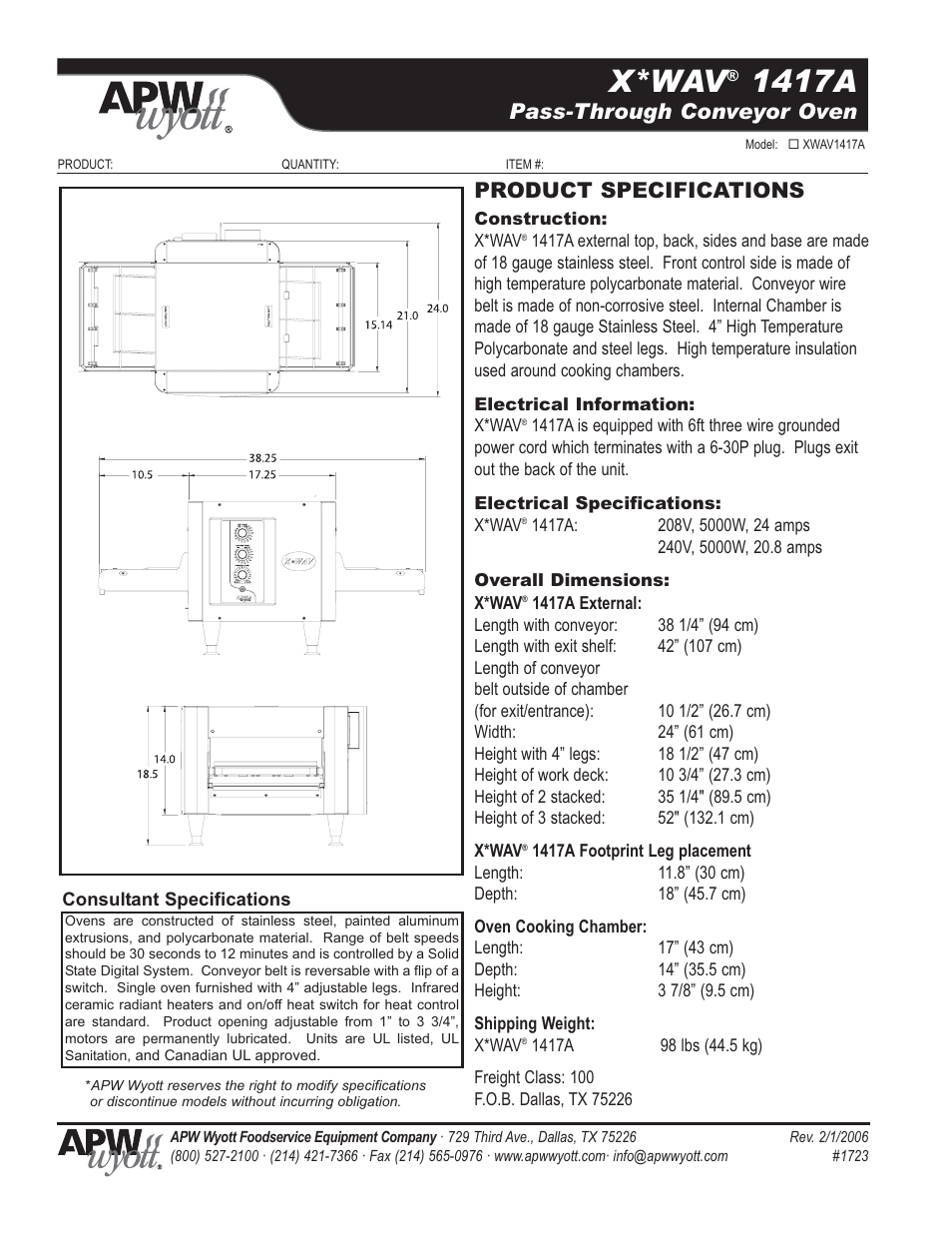 X*wav, 1417a, Pass-through conveyor oven | Product specifications | APW Wyott X*WAV 1417A User Manual | Page 2 / 2