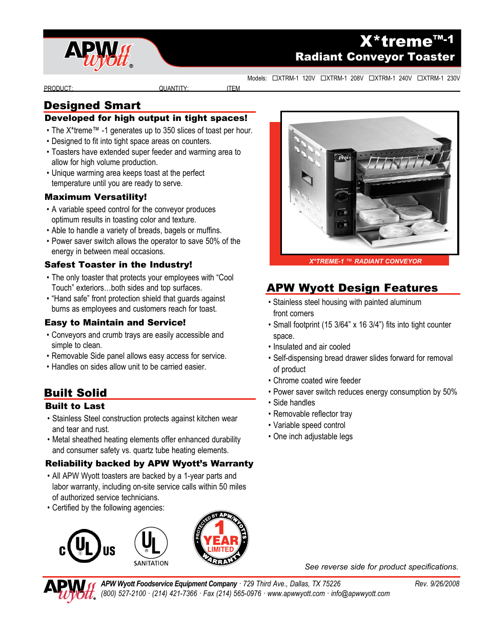 APW Wyott XTRM-1 208V User Manual | 2 pages