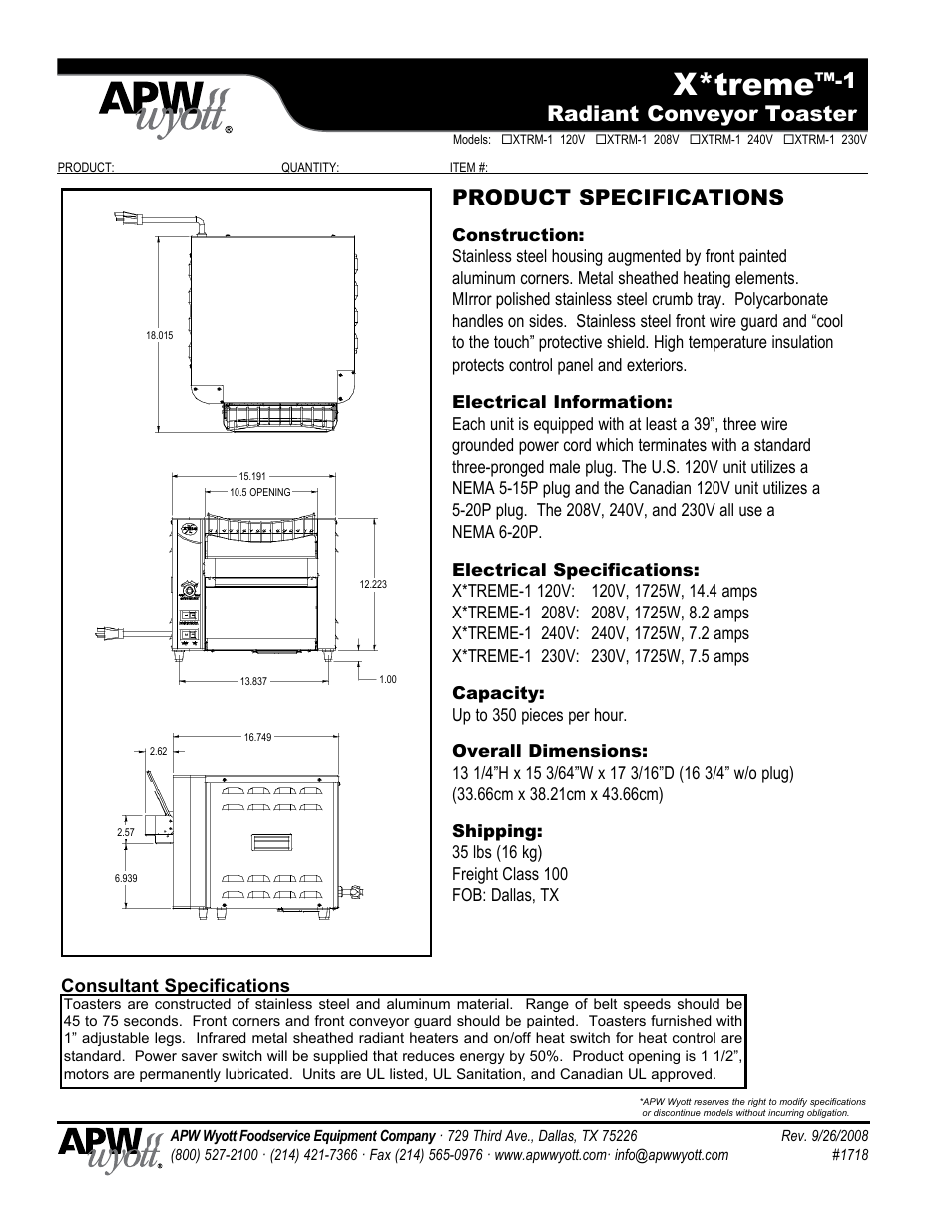 X*treme, 1 radiant conveyor toaster, Product specifications | APW Wyott XTRM-1 208V User Manual | Page 2 / 2