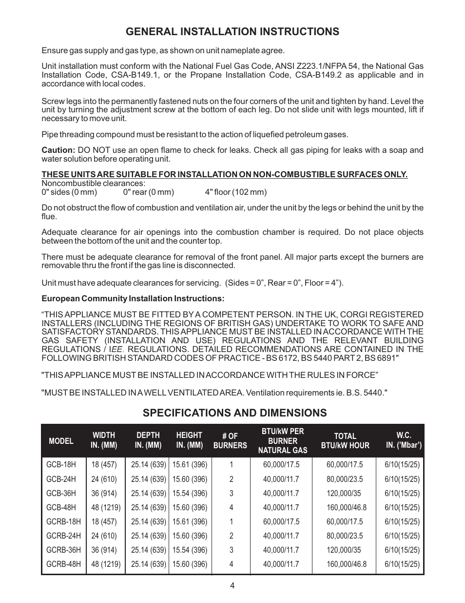 General installation instructions, Specifications and dimensions | APW Wyott GCRB-48H User Manual | Page 4 / 20