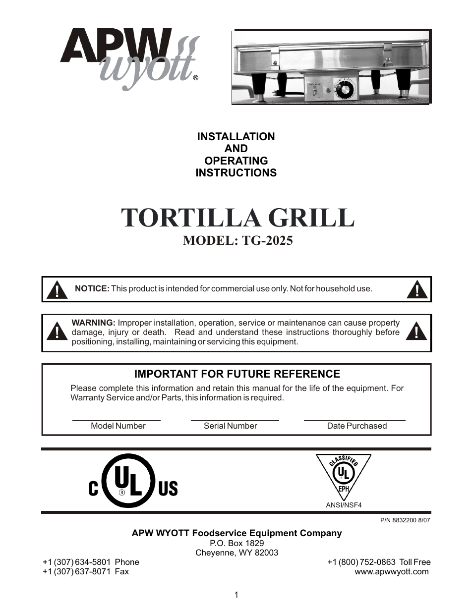 APW Wyott TG-2025 User Manual | 8 pages