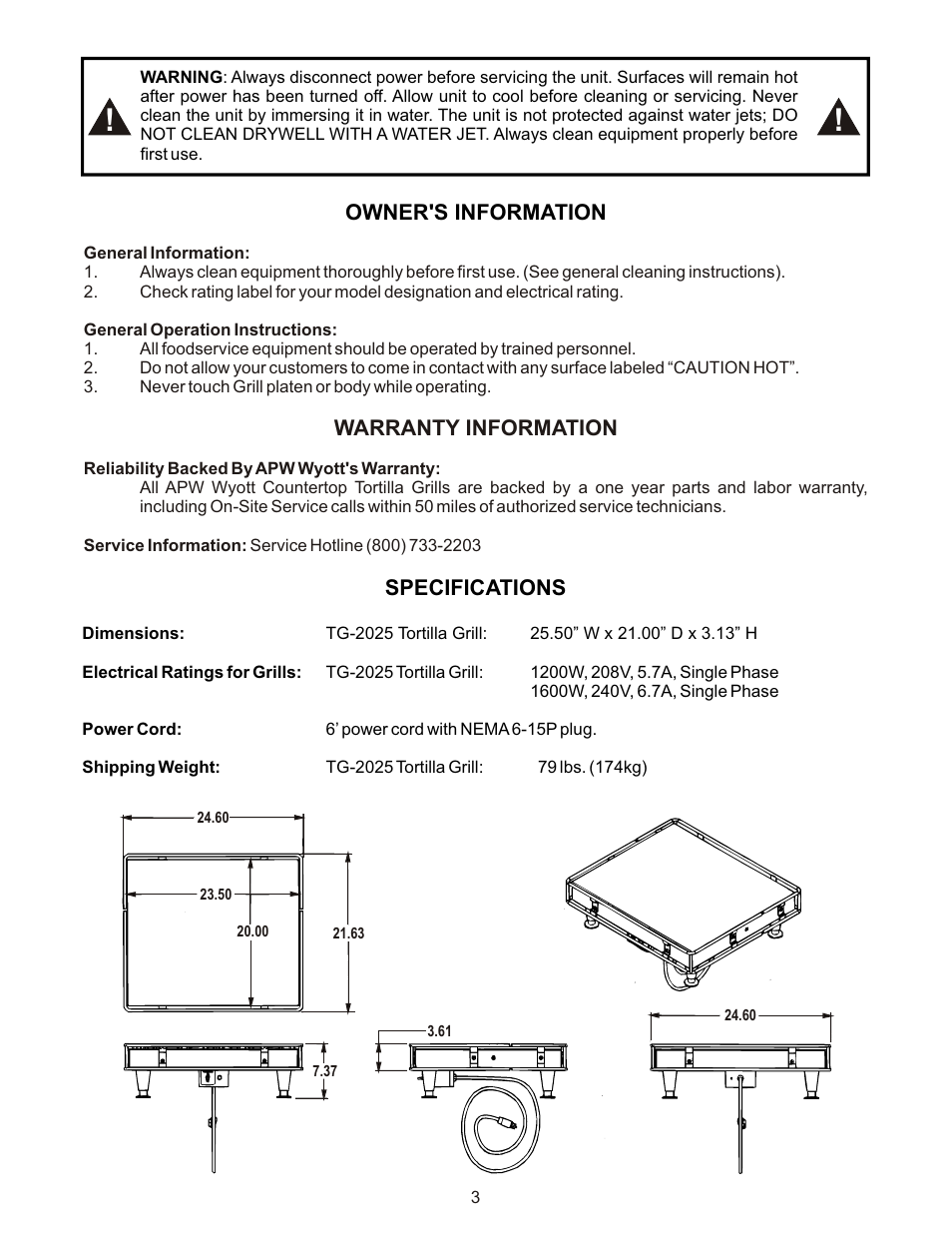 APW Wyott TG-2025 User Manual | Page 3 / 8