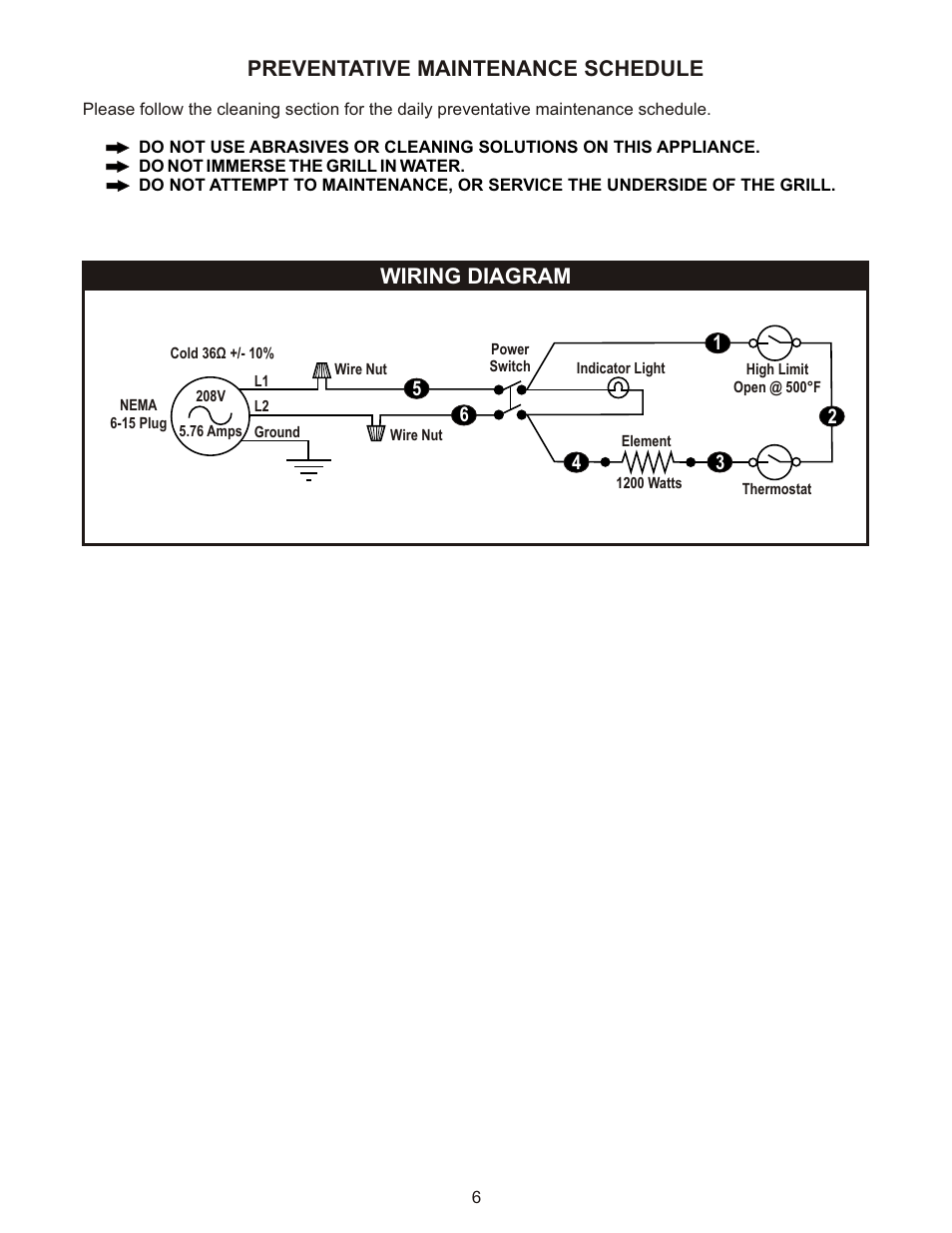 Preventative maintenance schedule, Wiring diagram | APW Wyott TG-2025 User Manual | Page 6 / 8