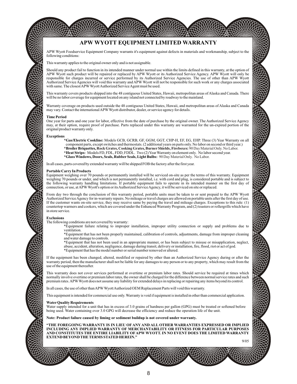 Apw wyott equipment limited warranty | APW Wyott TG-2025 User Manual | Page 8 / 8