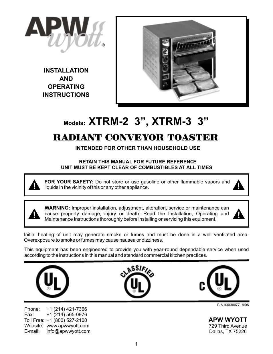 APW Wyott 93030077 User Manual | 12 pages